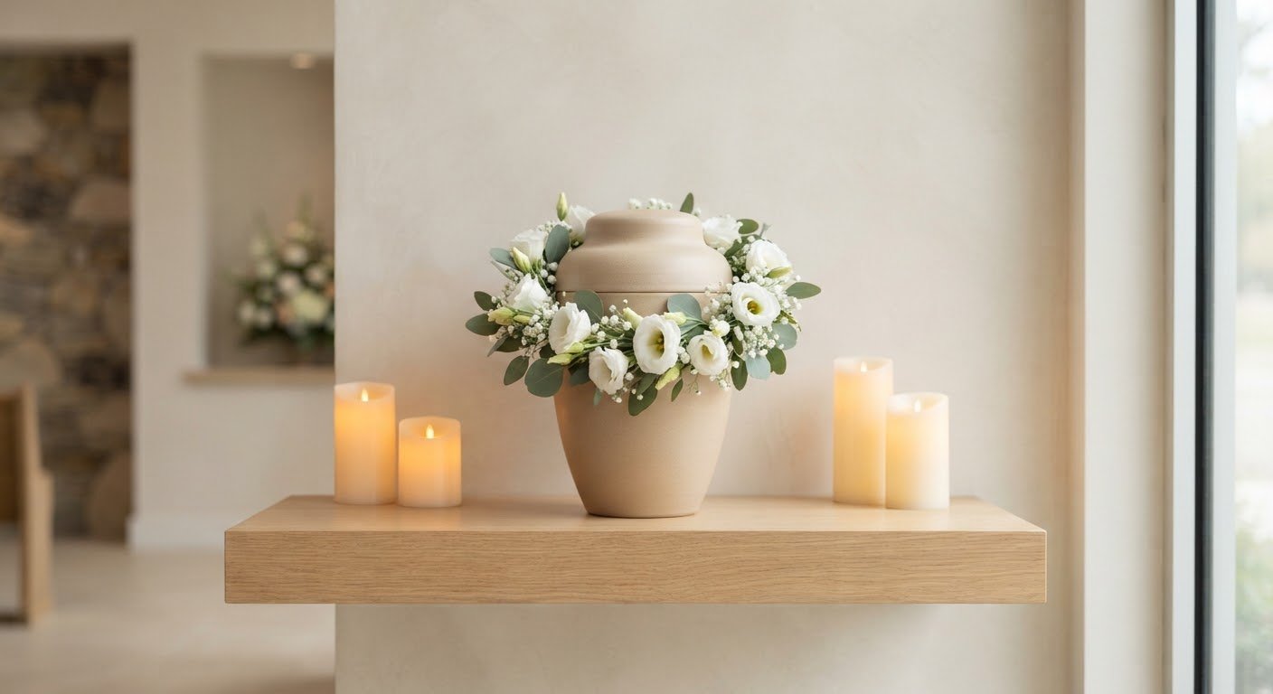 Keramikurne mit weißen Blumen und warmem Kerzenschein in einer ruhigen Gedenkhalle